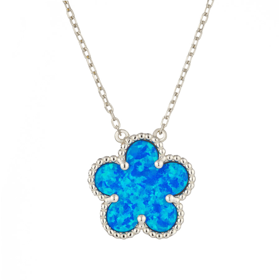 925 Sterling Silver Hawaiian Aloha Plumeria Clover Flower Necklace Pendant 16" + 2" Adjustable Chain, Blue Opal