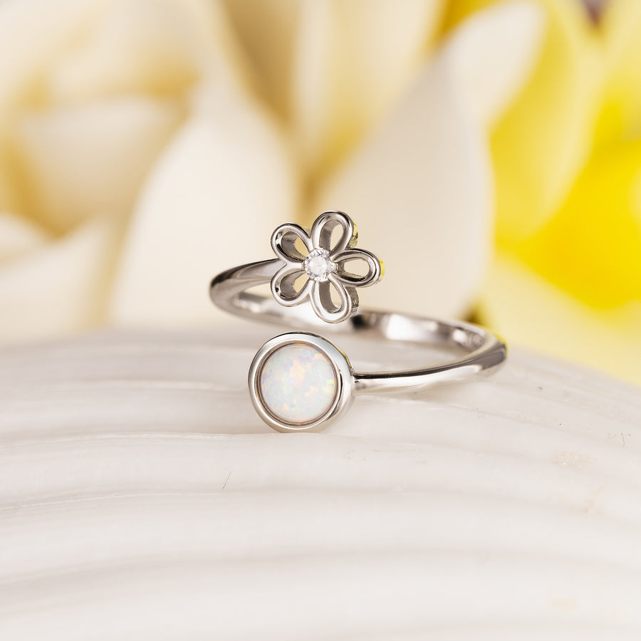 Sterling Silver Rhodium Plated White Opal Plumeria Flower and Full Moon Adjustable Bypass Ring