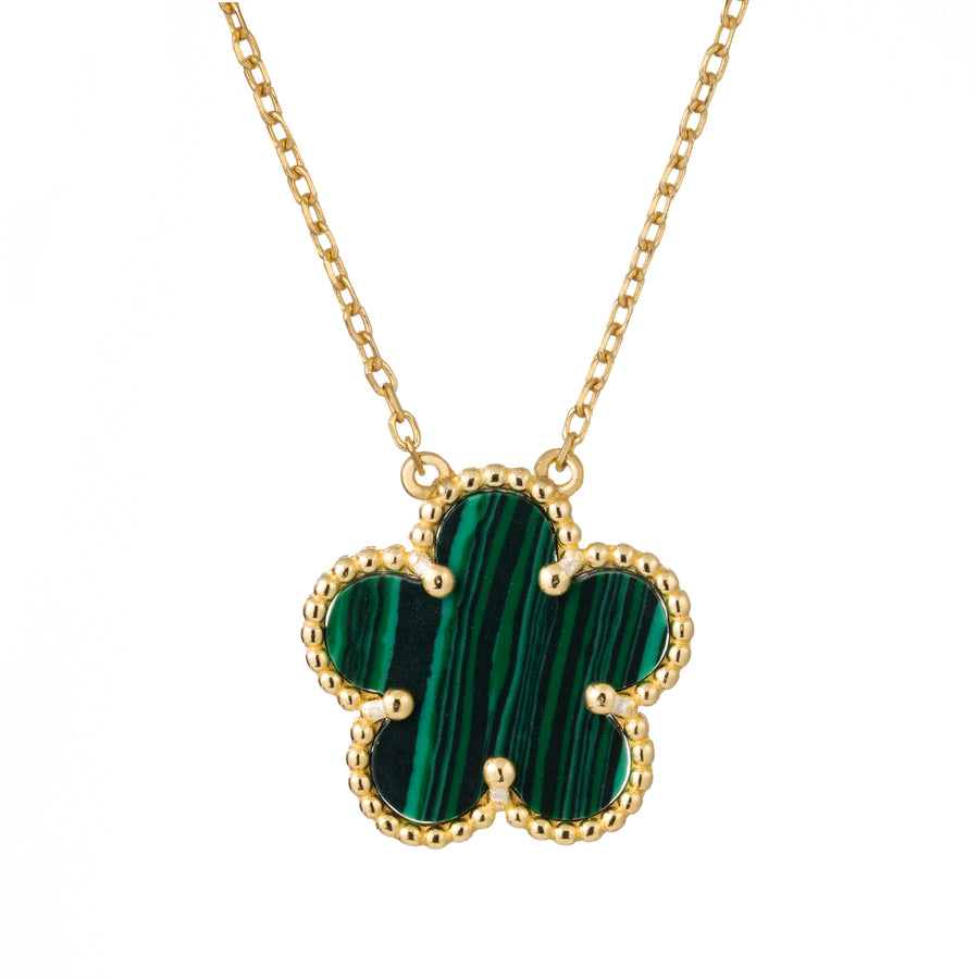 925 Sterling Silver 14K Yellow Gold Plated Hawaiian Aloha Plumeria Clover Flower Necklace Pendant 16" + 2" Adjustable Chain, Malachite