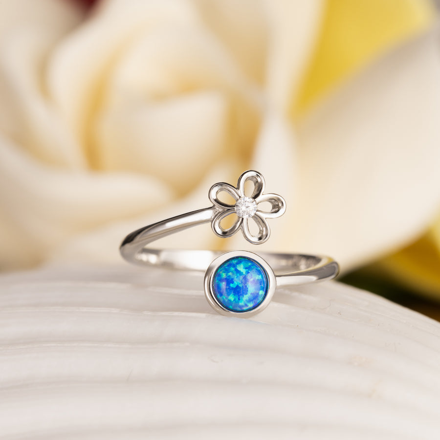 Sterling Silver Rhodium Plated Blue Opal Plumeria Flower and Full Moon Adjustable Bypass Ring