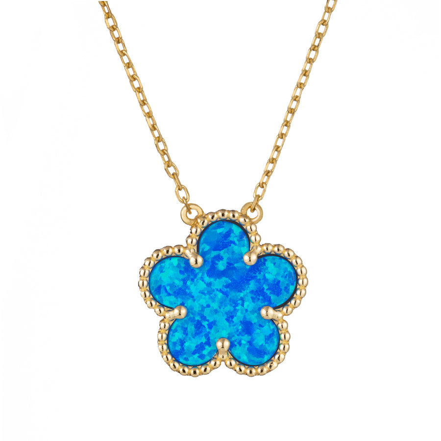 925 Sterling Silver 14K Yellow Gold Plated Hawaiian Aloha Plumeria Clover Flower Necklace Pendant 16" + 2" Adjustable Chain, Blue Opal