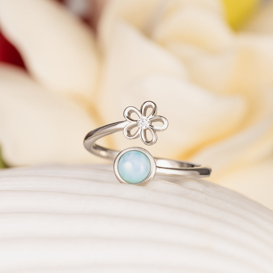 Sterling Silver Larimar Plumeria Flower and Full Moon Adjustable Bypass Ring