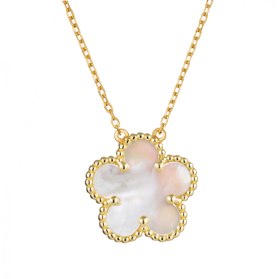 925 Sterling Silver 14K Yellow Gold Plated Hawaiian Aloha Plumeria Clover Flower Necklace Pendant 16" + 2" Adjustable Chain, Mother-of-Pearl