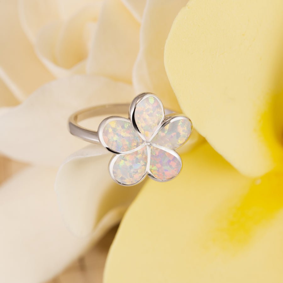 Sterling Silver White Opal Plumeria Flower Ring