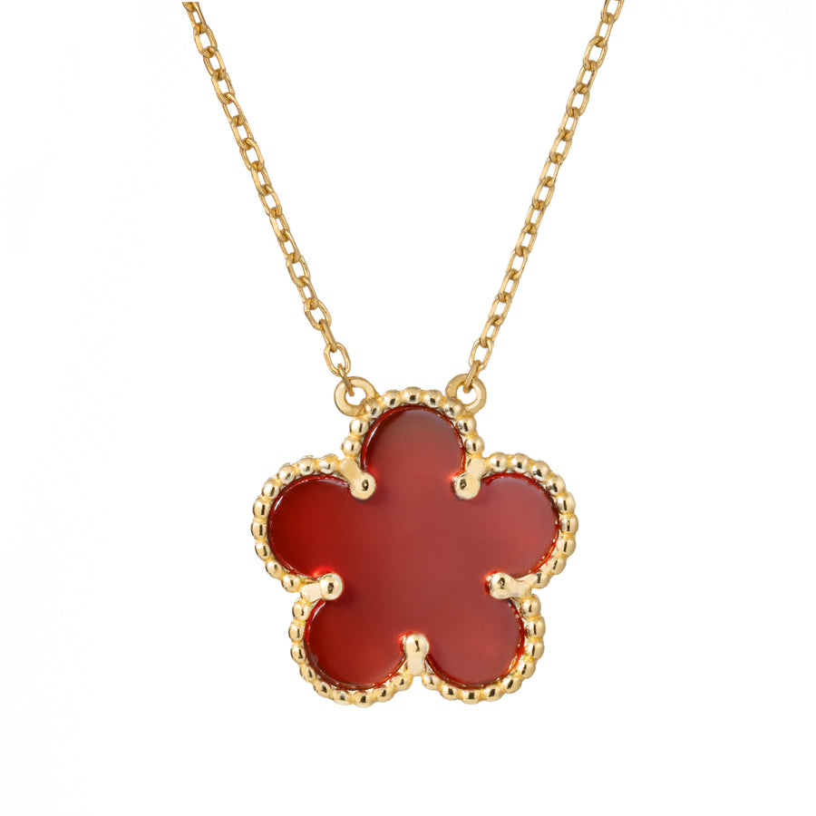 925 Sterling Silver 14K Yellow Gold Plated Hawaiian Aloha Plumeria Clover Flower Necklace Pendant 16" + 2" Adjustable Chain, Carnelian