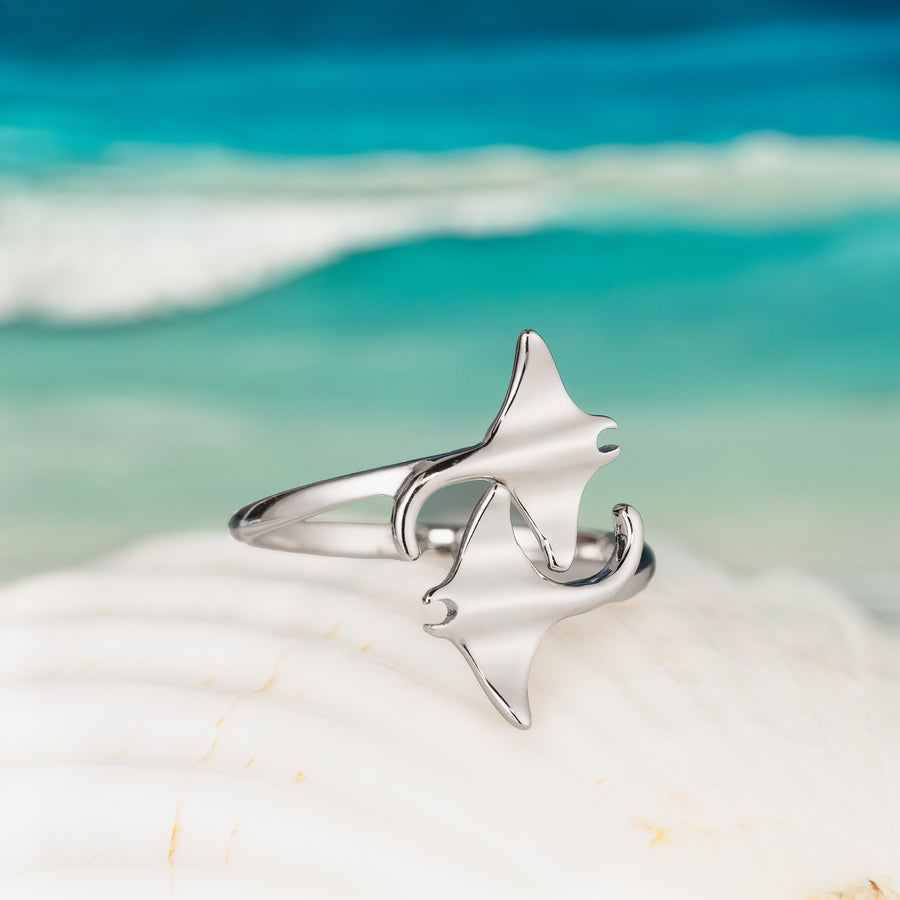 925 Sterling Silver Two Manta Ray Adjustable Easy Resize Wrap Around Bypass Ring Eternity Band