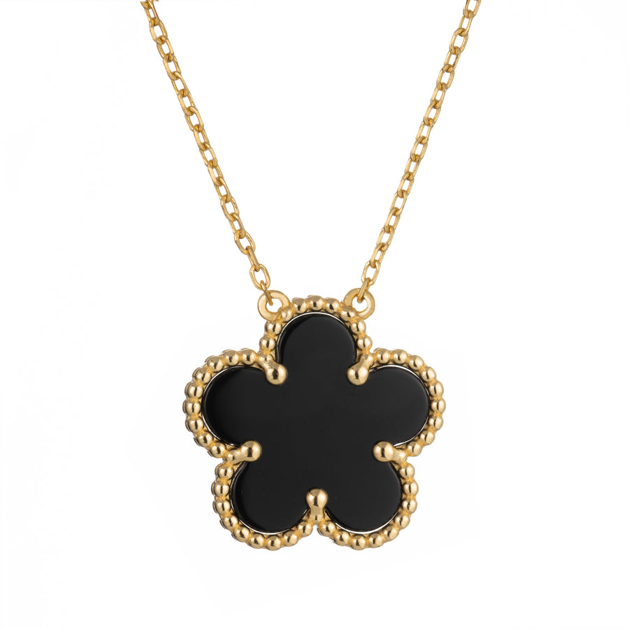 925 Sterling Silver 14K Yellow Gold Plated Hawaiian Aloha Plumeria Clover Flower Necklace Pendant 16" + 2" Adjustable Chain, Onyx