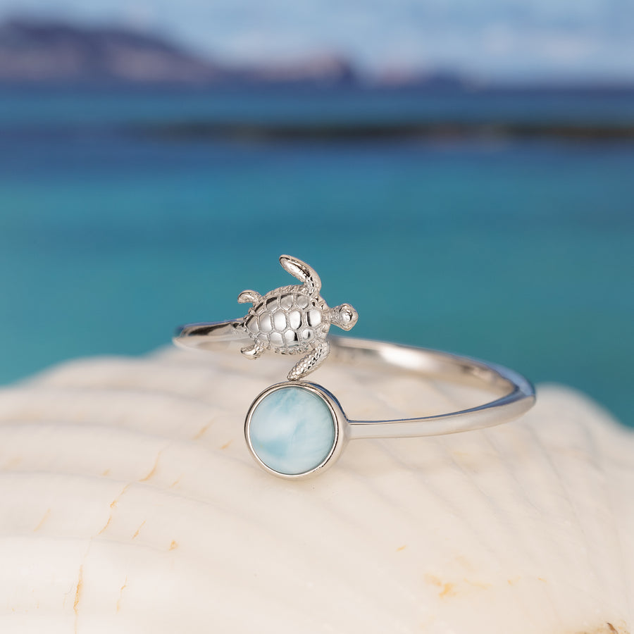 Sterling Silver Larimar Turtle and Full Moon Adjustable Bypass Ring