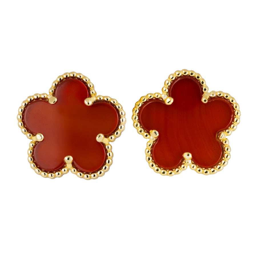 925 Sterling Silver 14K Yellow Gold Plated Hawaiian Aloha Plumeria Clover Flower Stud Earrings, Carnelian