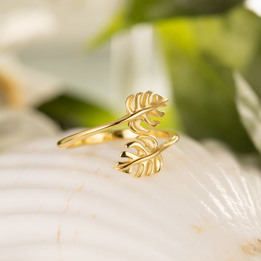 925 Sterling Silver 14K Gold Plated Two Monstera Leaf Adjustable Easy Resize Wrap Around Bypass Ring Eternity Band