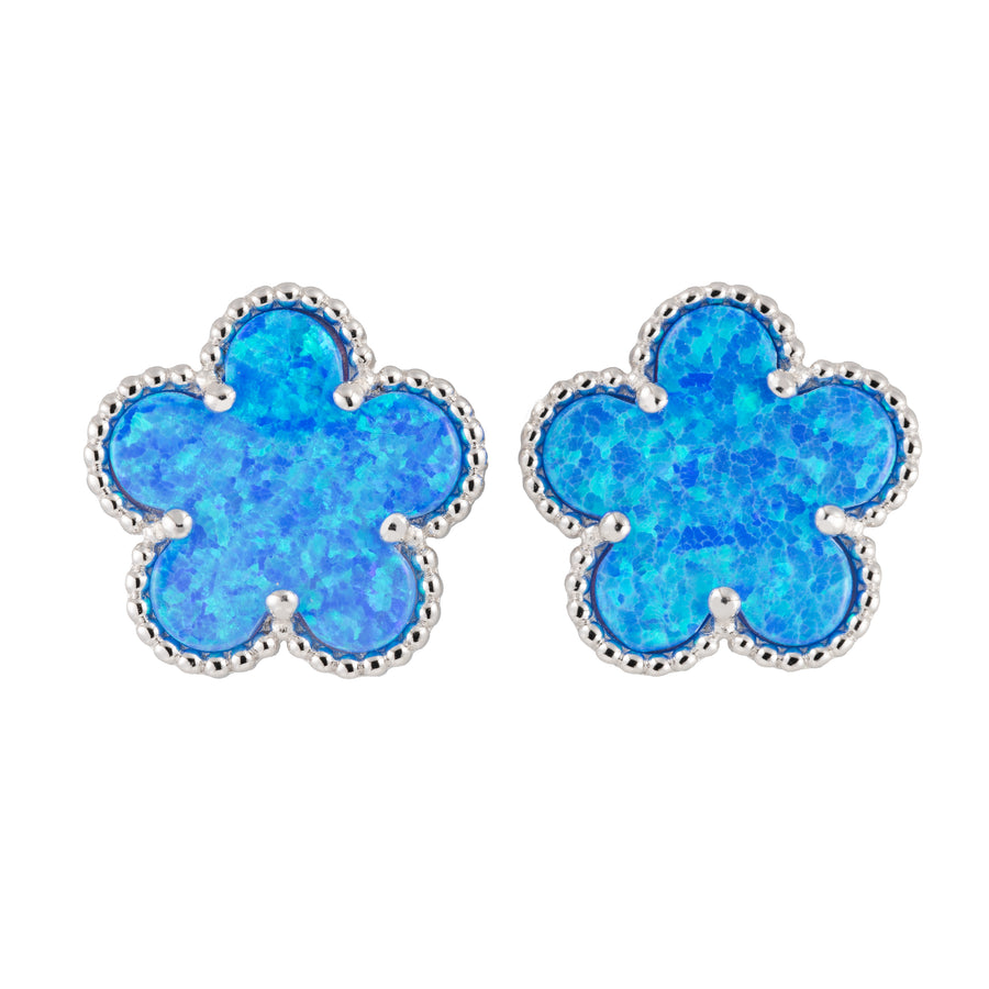 925 Sterling Silver Hawaiian Aloha Plumeria Clover Flower Stud Earrings, Blue Opal