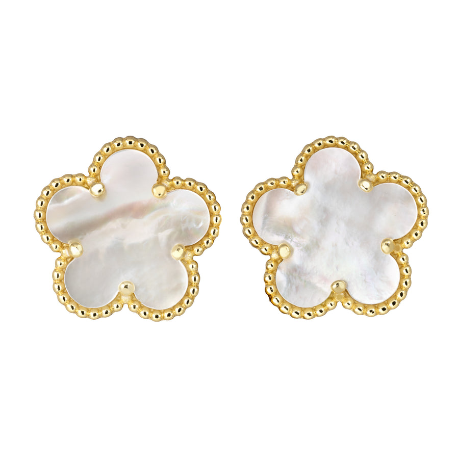 925 Sterling Silver 14K Yellow Gold Plated Hawaiian Aloha Plumeria Clover Flower Stud Earrings, Mother-of-Pearl