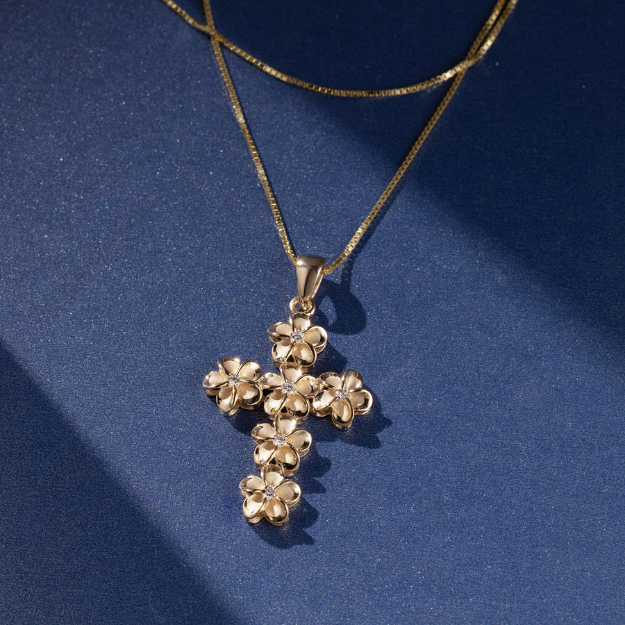 925 Sterling Silver Plumeria Cross and Cubic Zirconia Pendant