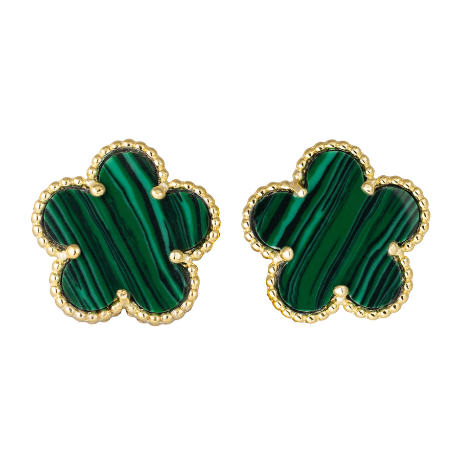 925 Sterling Silver 14K Yellow Gold Plated Hawaiian Aloha Plumeria Clover Flower Stud Earrings, Malachite