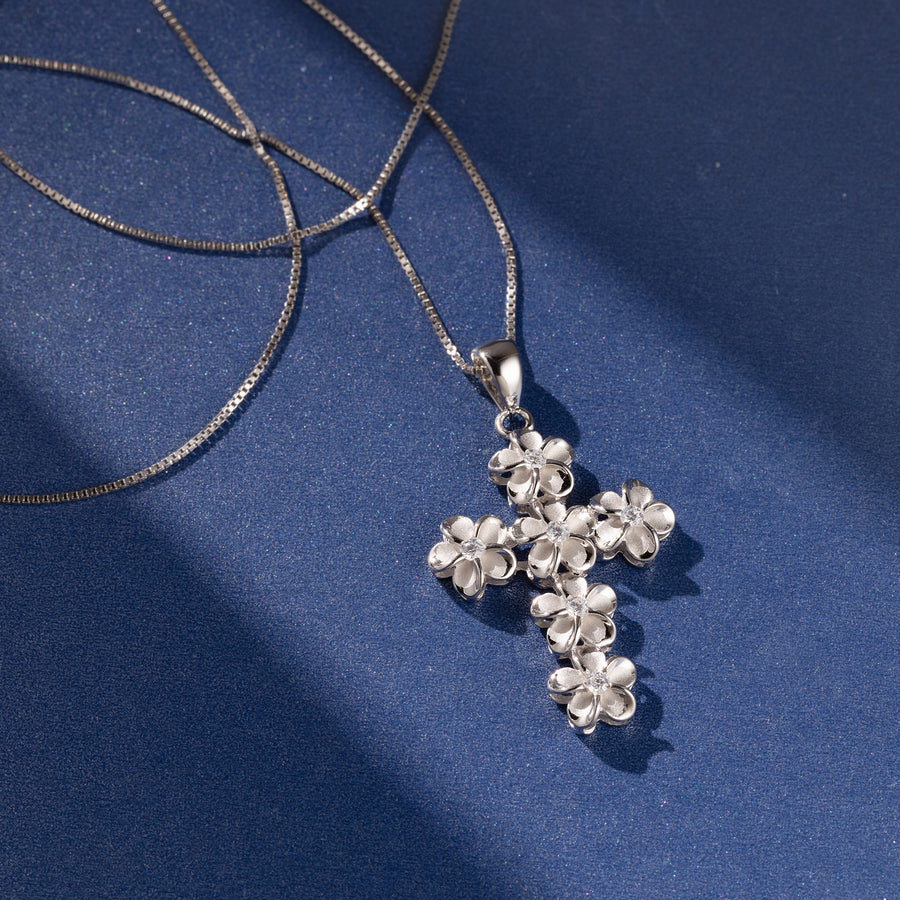 925 Sterling Silver Plumeria Cross and Cubic Zirconia Pendant