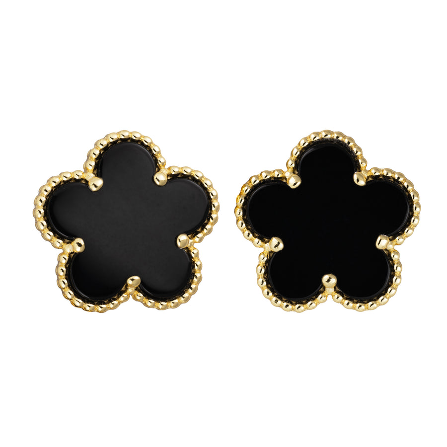 925 Sterling Silver 14K Yellow Gold Plated Hawaiian Aloha Plumeria Clover Flower Stud Earrings, Onyx