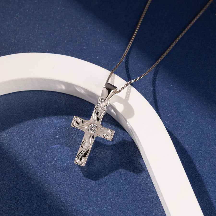 925 Sterling Silver Hawaiian Heirloom Scroll Cross with Cubic Zirconia Pendant with 18" Box Chain