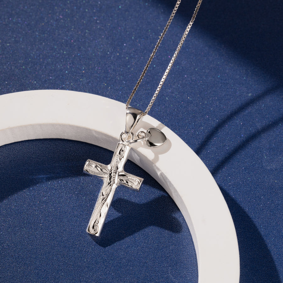 925 Sterling Silver Hawaiian Heirloom Scroll Cross and Silver Heart Pendant with 18" Box Chain