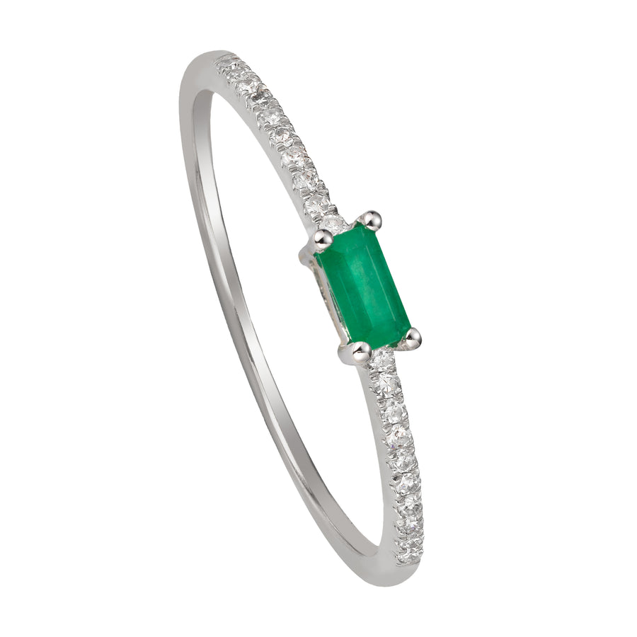 14K Solid Gold Dainty Natural Baguette Emerald Pave Diamonds Stackable Wedding Ring Band