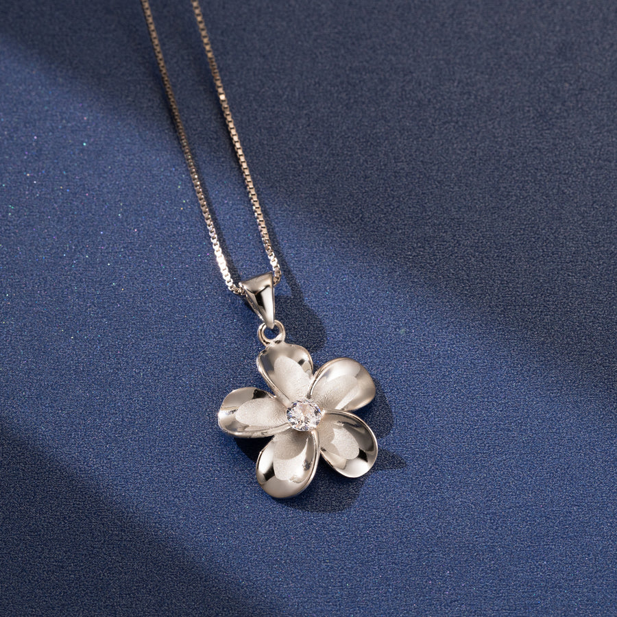 925 Sterling Silver Plumeria Pendant with Cubic Zirconia