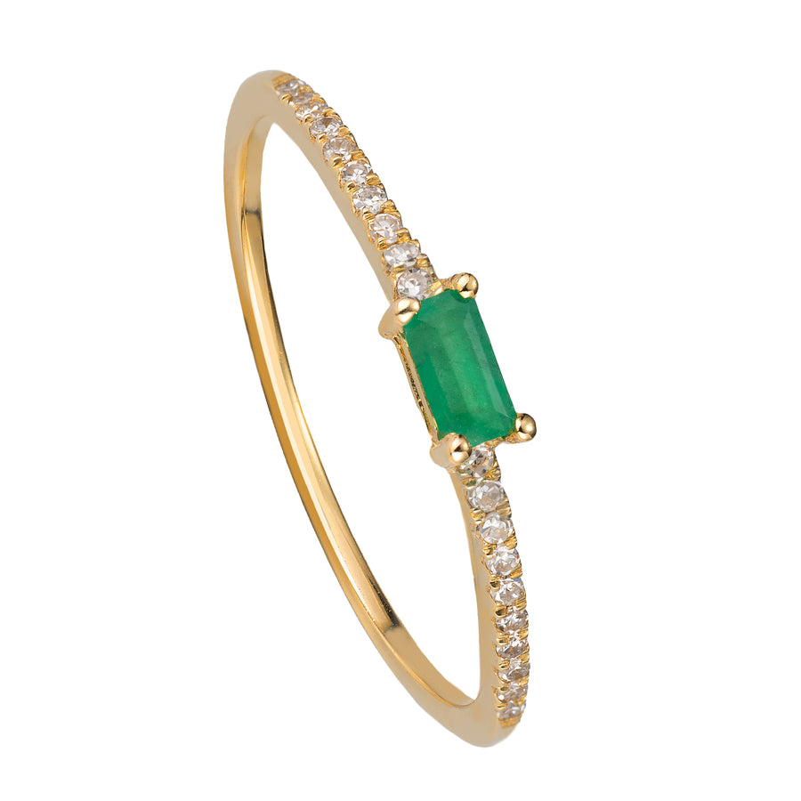 14K Solid Gold Dainty Natural Baguette Emerald Pave Diamonds Stackable Wedding Ring Band