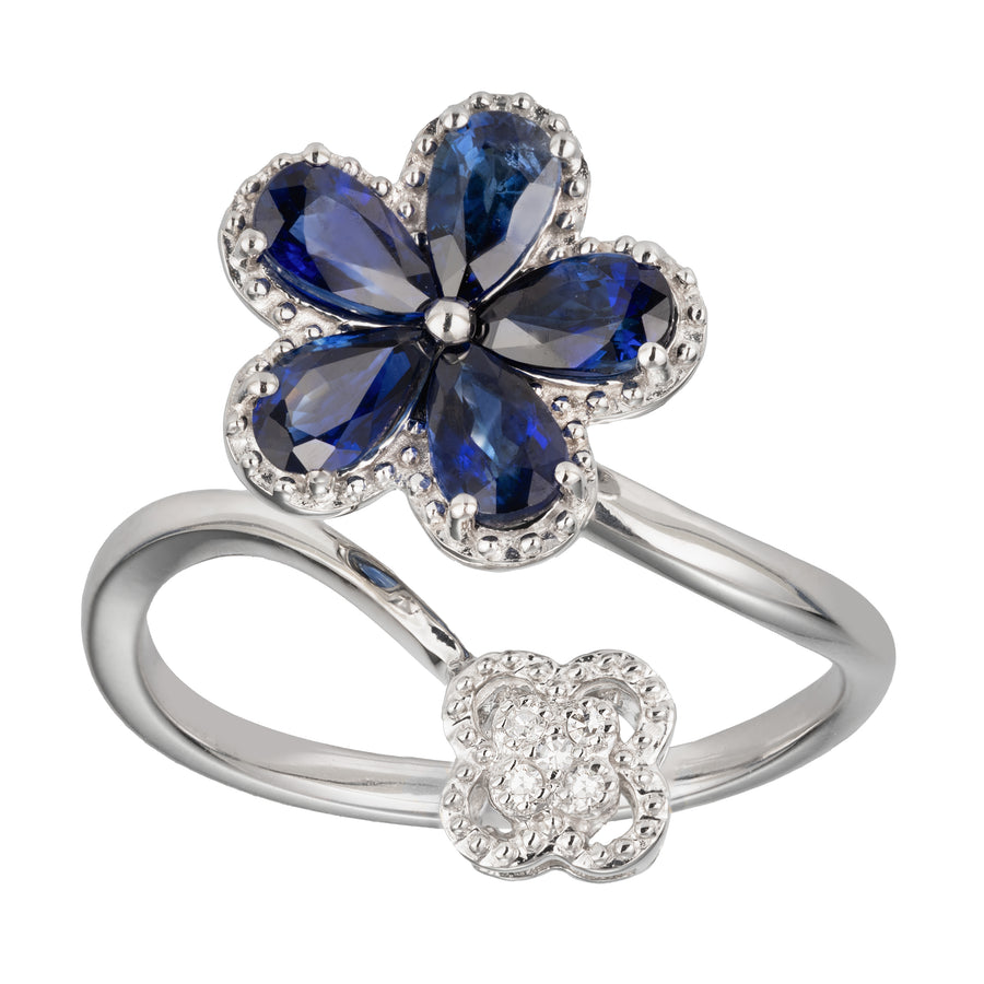 14K Solid Gold Natural Pear-Cut Sapphire Plumeria Flower Pave Diamonds Clover Wedding Ring Band