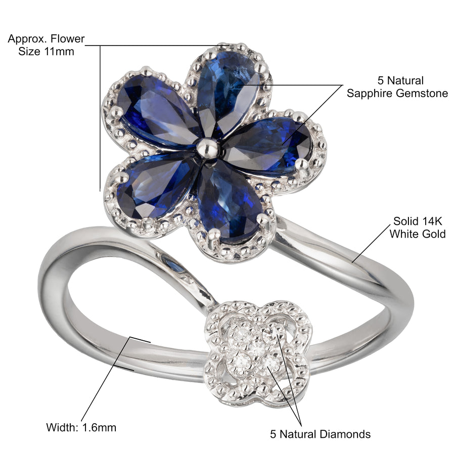 14K Solid Gold Natural Pear-Cut Sapphire Plumeria Flower Pave Diamonds Clover Wedding Ring Band