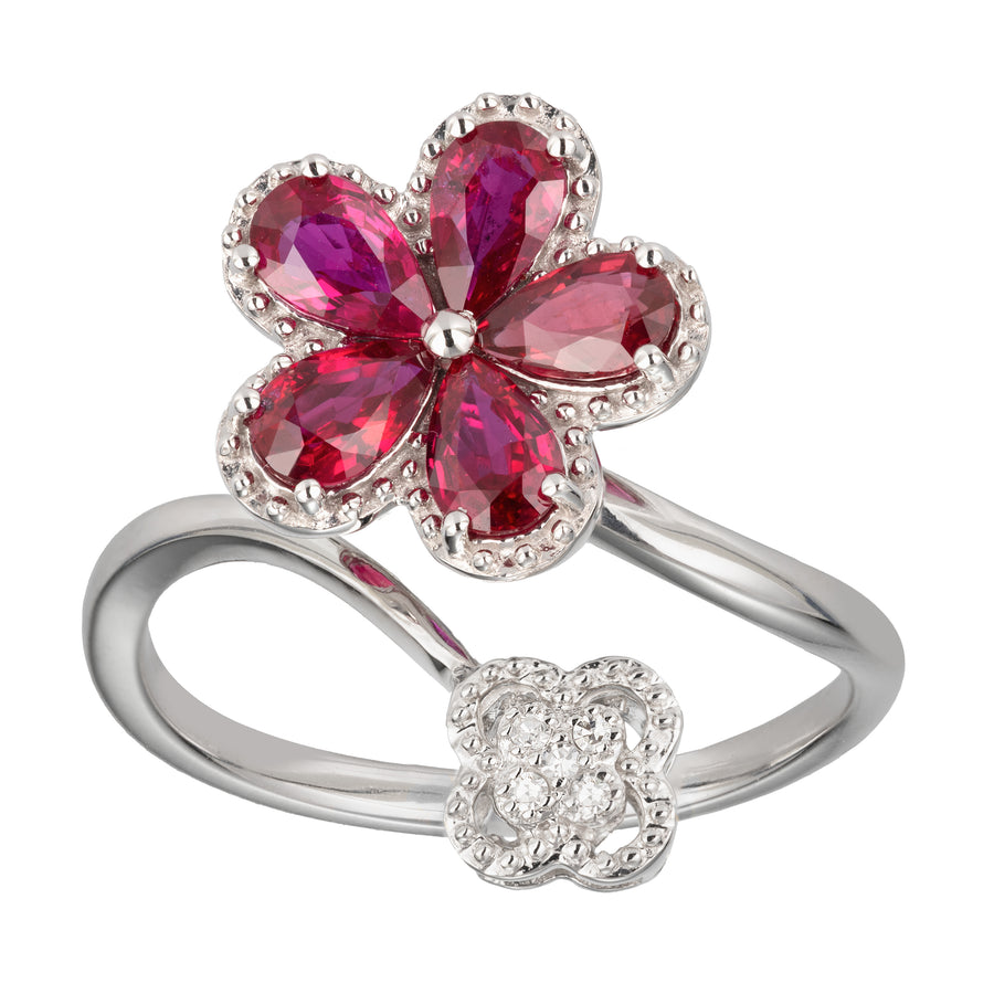 14K Solid Gold Natural Pear-Cut Ruby Plumeria Flower Pave Diamonds Clover Wedding Ring Band