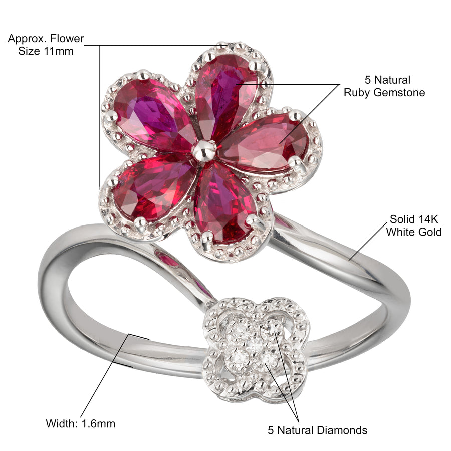 14K Solid Gold Natural Pear-Cut Ruby Plumeria Flower Pave Diamonds Clover Wedding Ring Band