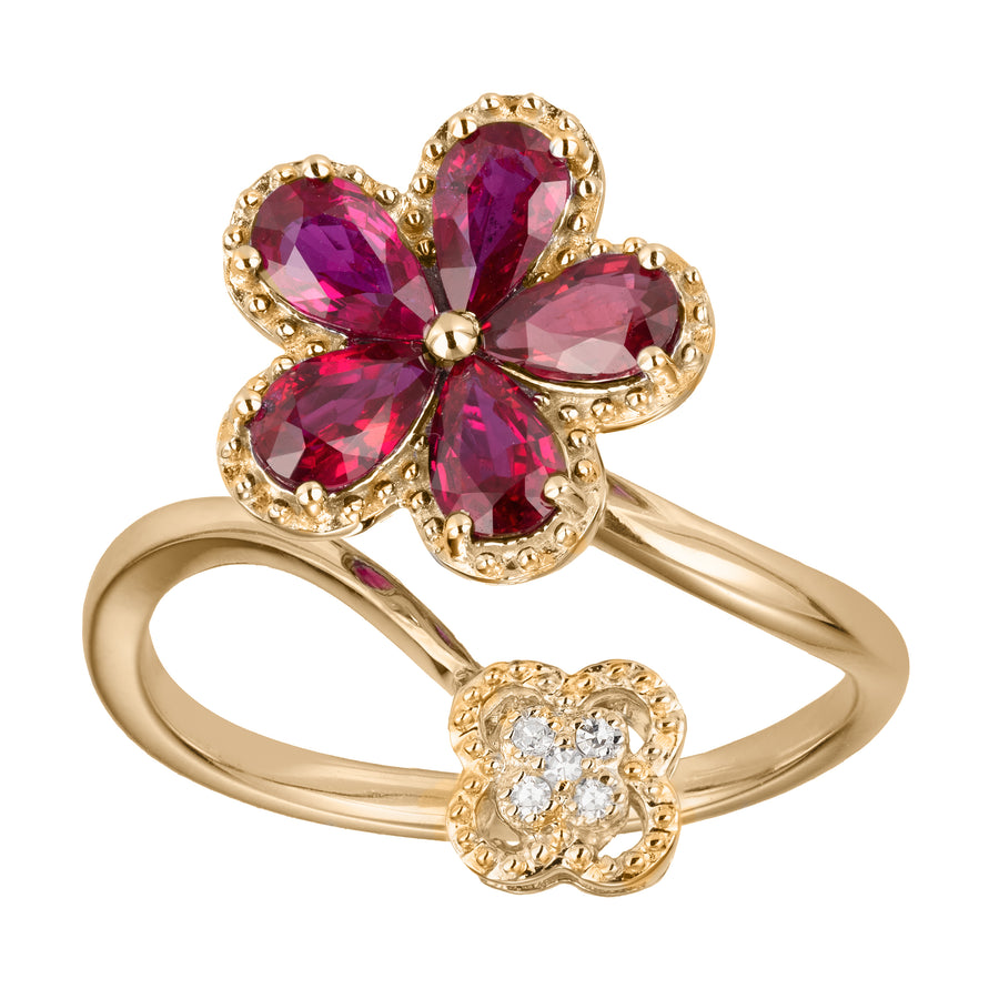 14K Solid Gold Natural Pear-Cut Ruby Plumeria Flower Pave Diamonds Clover Wedding Ring Band