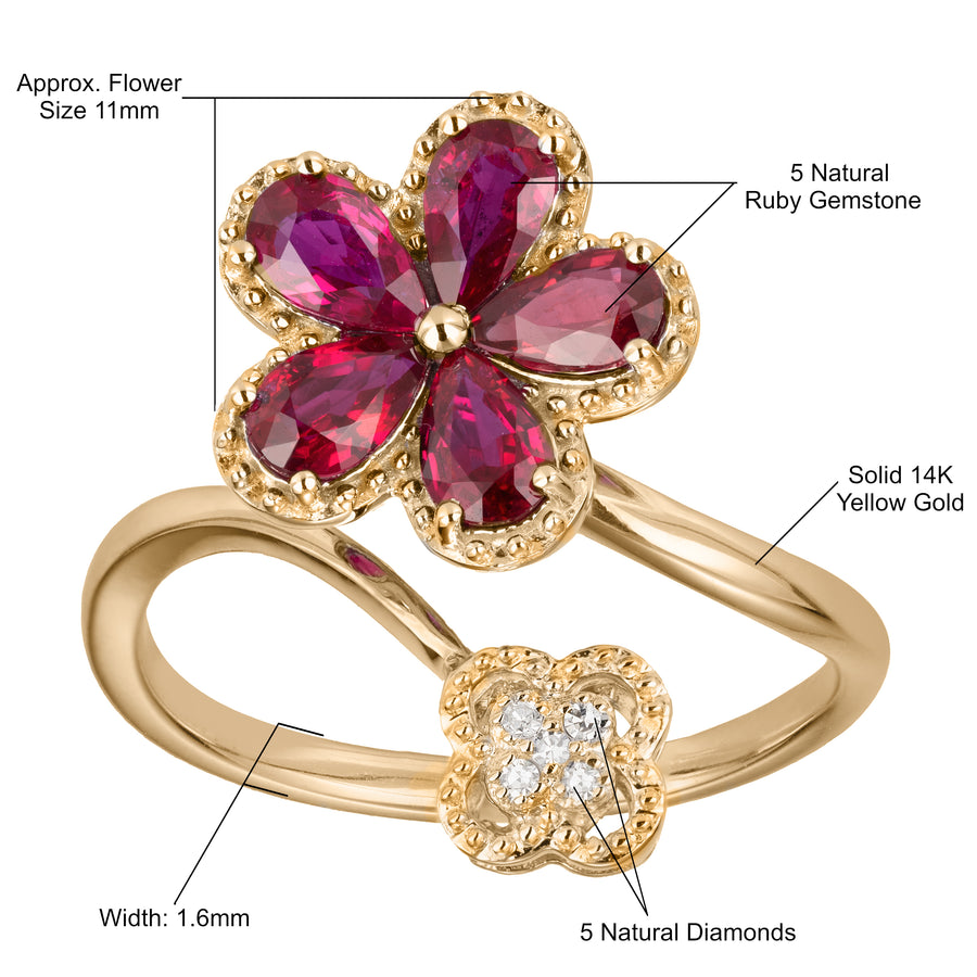 14K Solid Gold Natural Pear-Cut Ruby Plumeria Flower Pave Diamonds Clover Wedding Ring Band