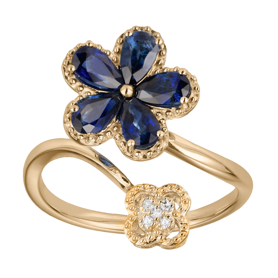 14K Solid Gold Natural Pear-Cut Sapphire Plumeria Flower Pave Diamonds Clover Wedding Ring Band