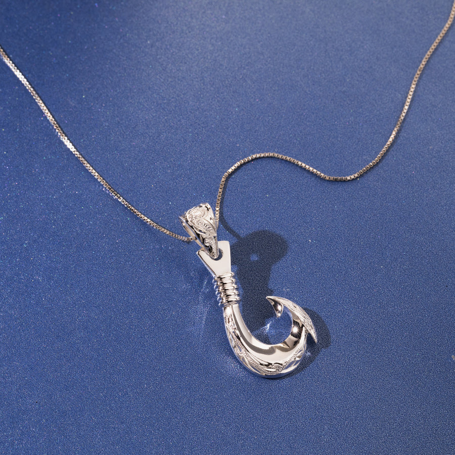 925 Sterling Silver Rhodium Plated Hawaiian Fish Hook Angle Necklace Pendant - Barbed Hook Heirloom Scroll