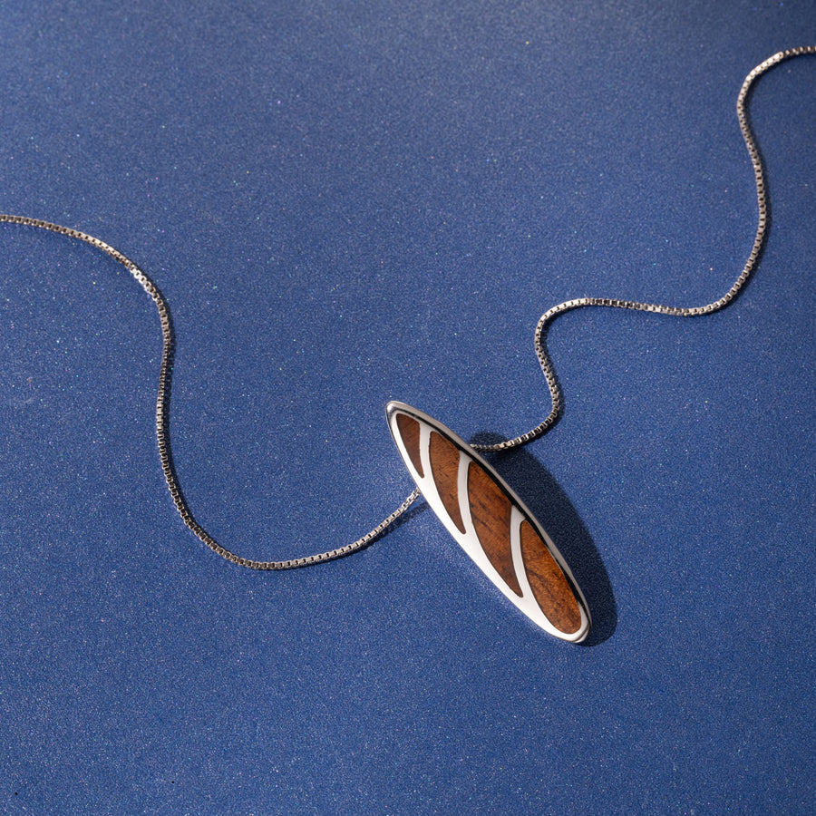 Sterling Silver Natural Koa Wood Surfboard Pendant - Funboard