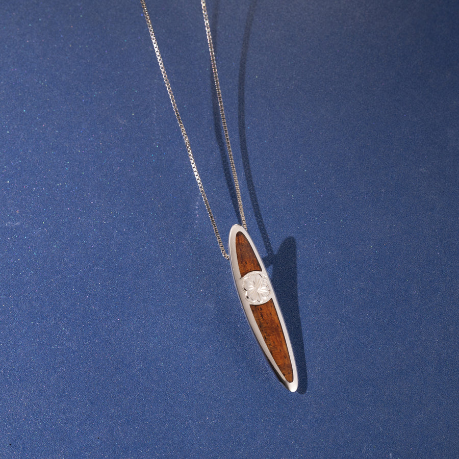 Sterling Silver Natural Hawaiian Koa Wood Surfboard Pendant - Longboard Hibiscus Flower