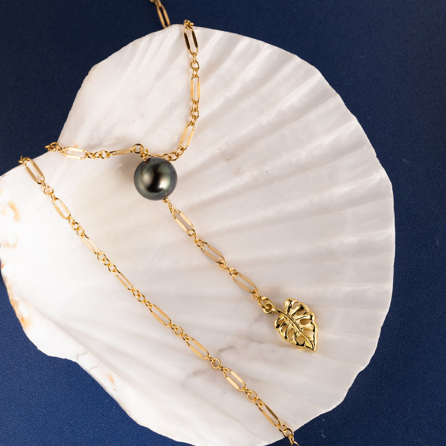 14k Gold Plated Genuine 9mm Tahitian Black Pearl Y-Necklace 16"+2" Extender, Figaro Cable Link