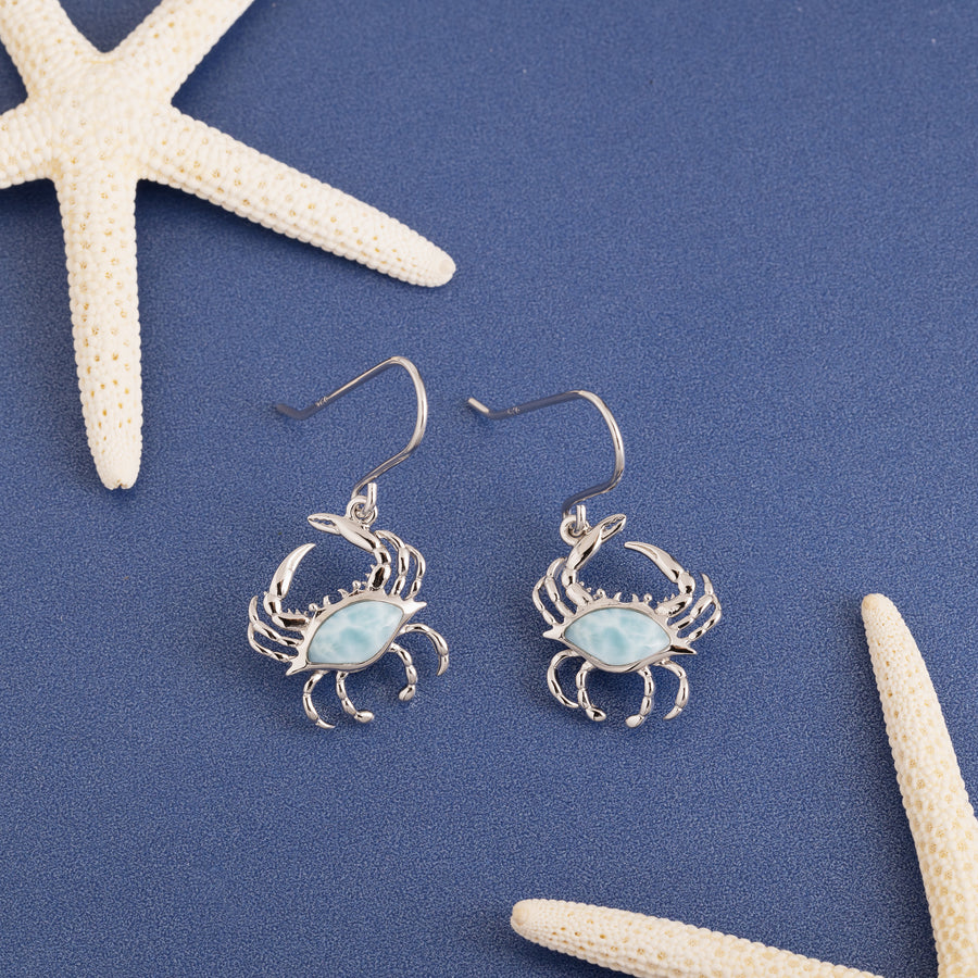 Sterling Silver Natural Larimar Crab Dangle Earrings, Right Claw