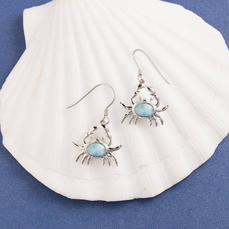 Sterling Silver Natural Larimar Crab Dangle Earrings, Left Claw