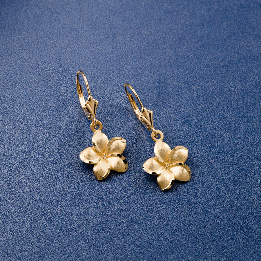 14K Solid Yellow Gold Hawaiian Plumeria Flower Earrings Dangle Leverback