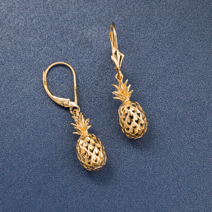 14K Solid Yellow Gold Hawaiian Diamond Cut 3D Pineapple Dangle Earrings Leverback