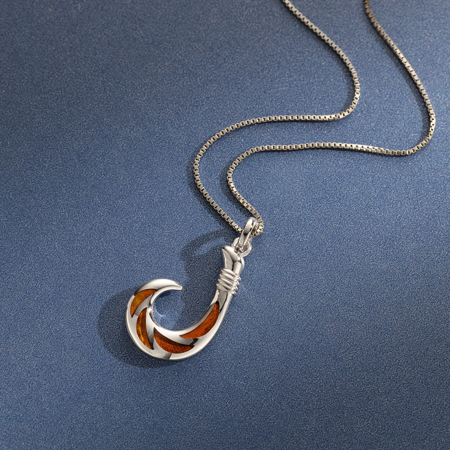 Sterling Silver Koa Wood Fish Hook Pendant