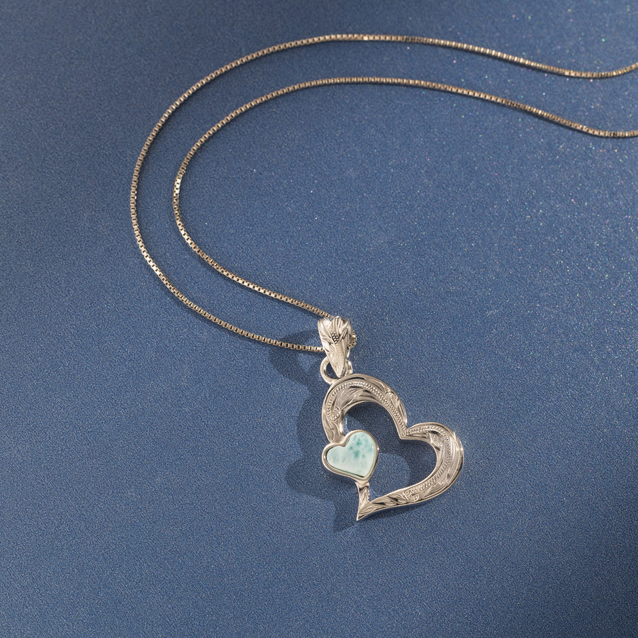 Sterling Silver Natural Larimar Hawaiian Heart Pendant