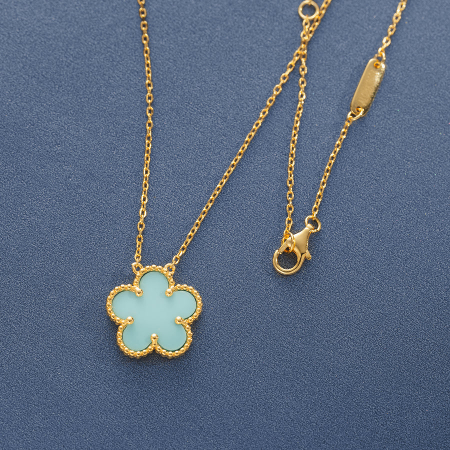 925 Sterling Silver 14K Yellow Gold Plated Hawaiian Aloha Plumeria Clover Flower Necklace Pendant 16" + 2" Adjustable Chain, Turquoise