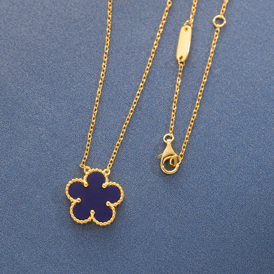 925 Sterling Silver 14K Yellow Gold Plated Hawaiian Aloha Plumeria Clover Flower Necklace Pendant 16" + 2" Adjustable Chain, Lapis Lazuli