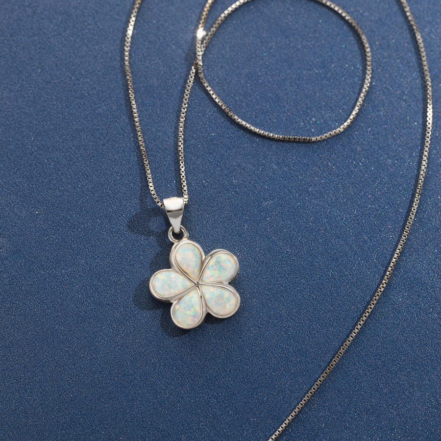 925 Sterling Silver White Opal Plumeria Flower Necklace Pendant