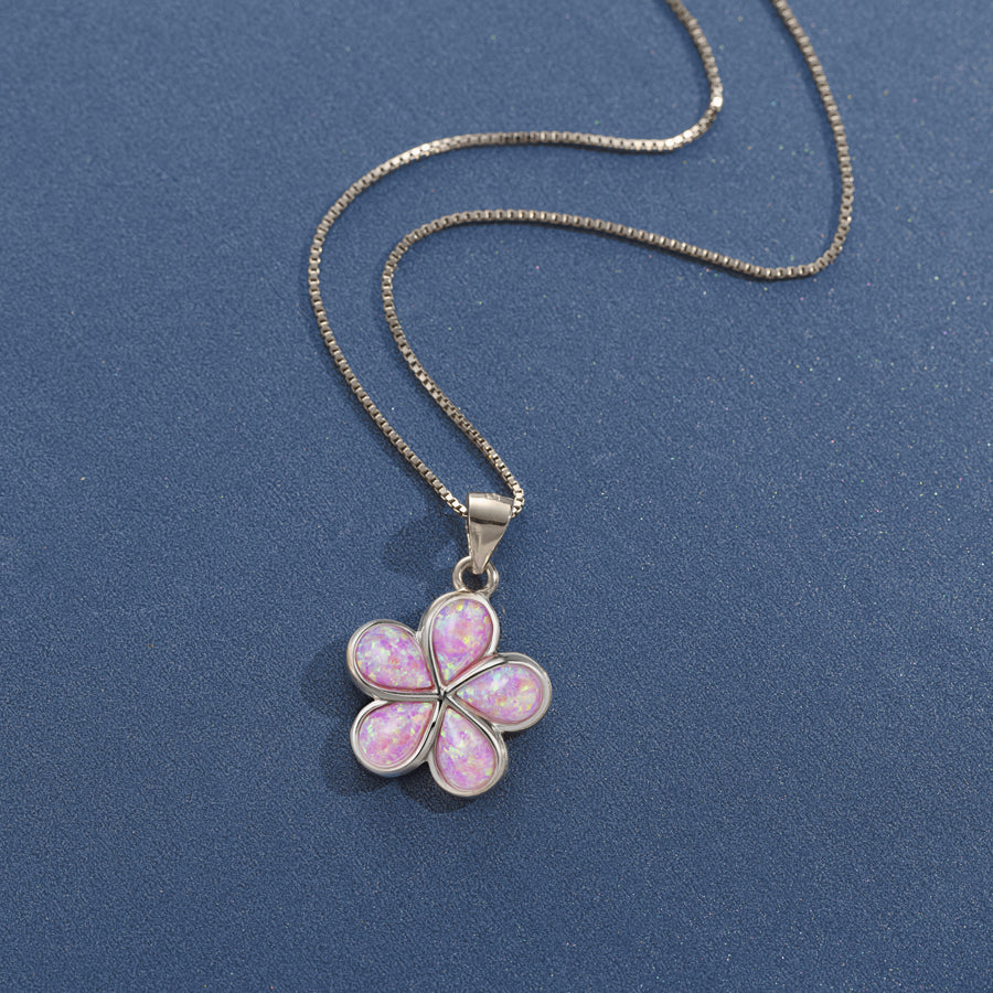 925 Sterling Silver Pink Opal Plumeria Flower Necklace Pendant