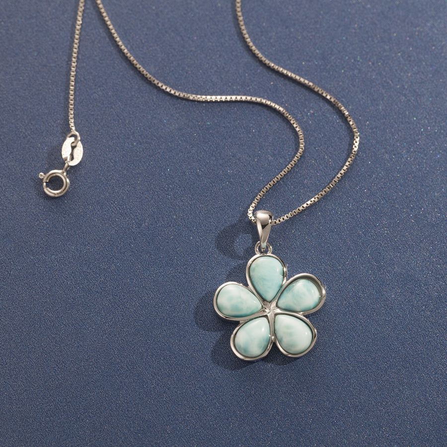 Sterling Silver Natural Larimar Plumeria Flower Necklace Pendant Rounded Petals