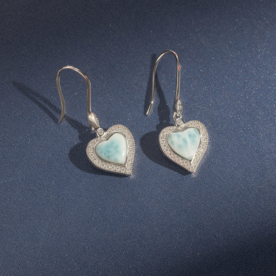 925 Sterling Silver Topaz Natural Larimar Hau'oli Halo Heart Dangle Earrings