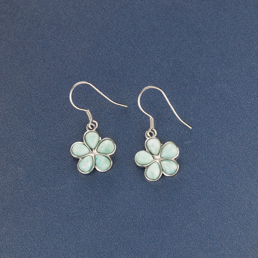 925 Sterling Silver Natural Larimar Plumeria Dangle Earrings, Rounded Petals