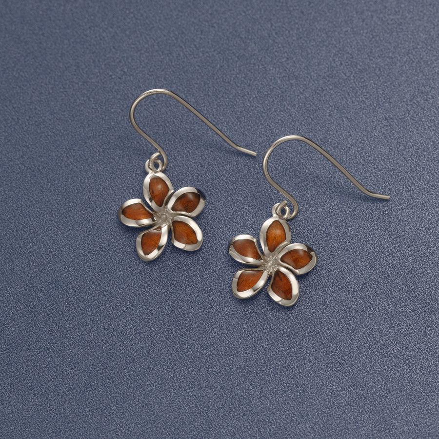 Sterling Silver Natural Koa Wood Plumeria Dangle Earrings